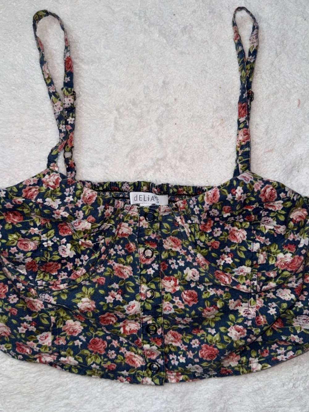 dELiA*s Navy Floral Button-Front Crop Cami with Pink Roses